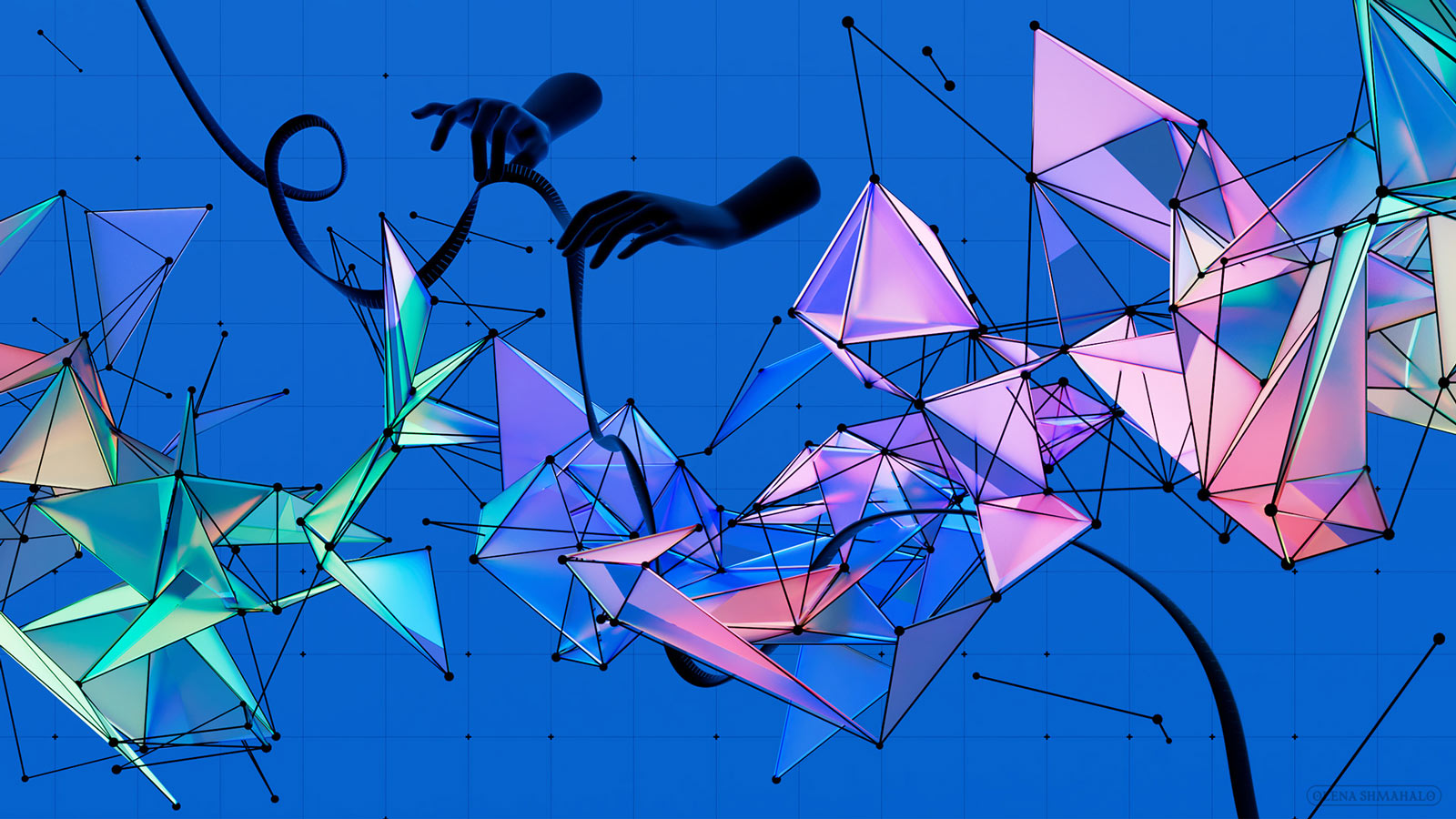 3D art: disembodied hands measuring various parts of a colorful network graph.