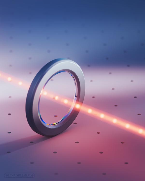Crop of a stylized 3D illustration – a particle beam passing through a polarizing waveplate. Art by Olena Shmahalo for The Quantum Atlas / University of Maryland.