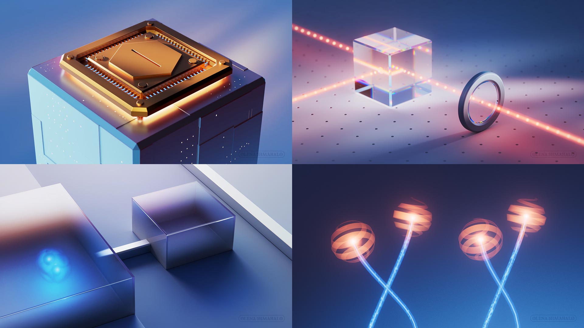 A quad of stylized 3D science illustrations depicting quantum physical systems: a gold quantum computer chip, a particle beam traveling through a prism and polarizing filter, an electron pair in a superconducting device called a Josephson junction, and quasiparticles called anyons braiding around one another. Art by Olena Shmahalo for The Quantum Atlas / University of Maryland.