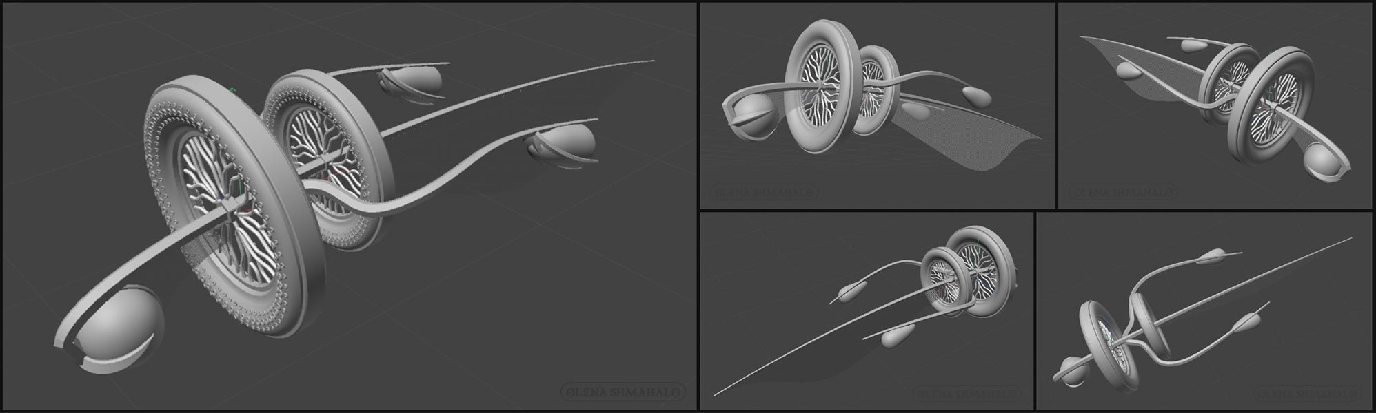 3D model of a spaceship. The ship's body is shaped like a maple seed, intersected by two large wheels that would generate artificial gravity along their interior. 3D model by Olena Shmahalo.