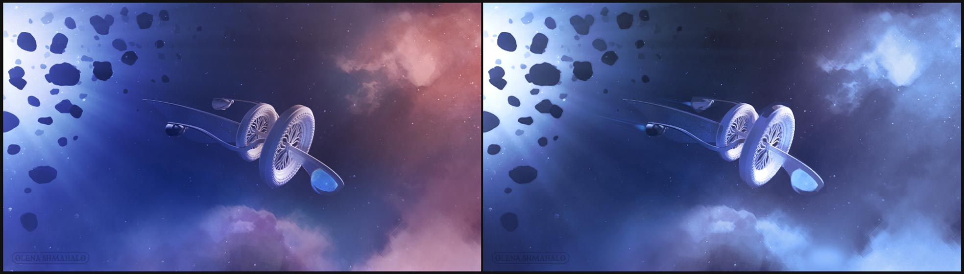 Rough color comps of a starship flying out of an asteroid field and into a colorful molecular cloud. Art by Olena Shmahalo for Symmetry Magazine.