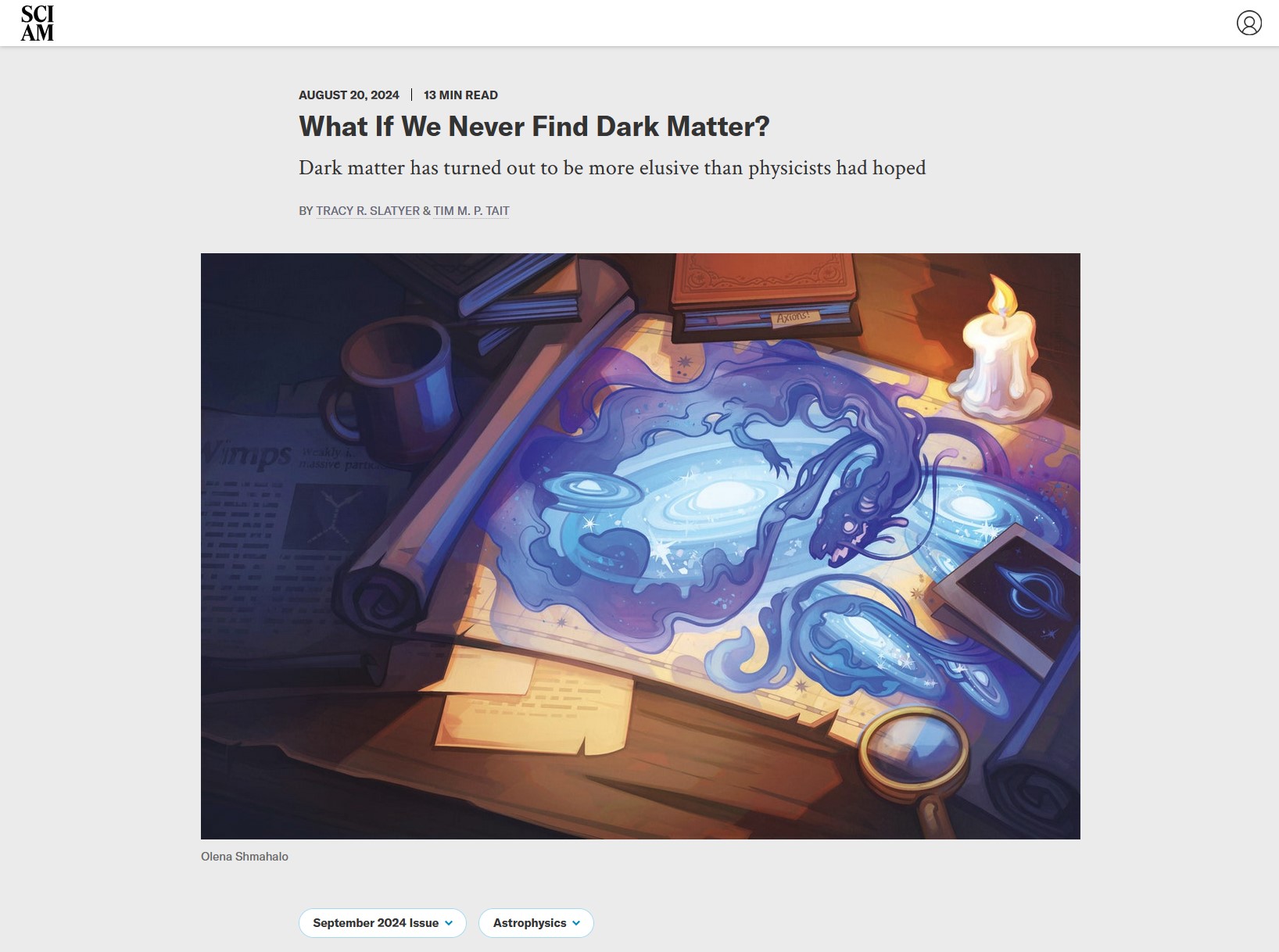 Screenshot: painting of a celestial map featuring a dark matter dragon wrapping around galaxies. Art by Olena Shmahalo for Scientific American. Title text below the illustration reads 'What If We Never Find Dark Matter?', subhead: 'Dark matter has turned out to be more elusive than physicists had hoped' August 20, 2024, By Tracy R. Slatyer & Tim M. P. Tait