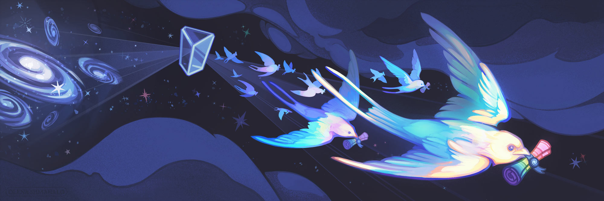 Stylized illustration: light rays travel from a galaxy cluster toward a distant prism in space. Via the prism's refraction, the galactic light turns into iridescent, swallow-like birds, carrying scrolls of absorption spectra. Art by Olena Shmahalo for BBC Science Focus.