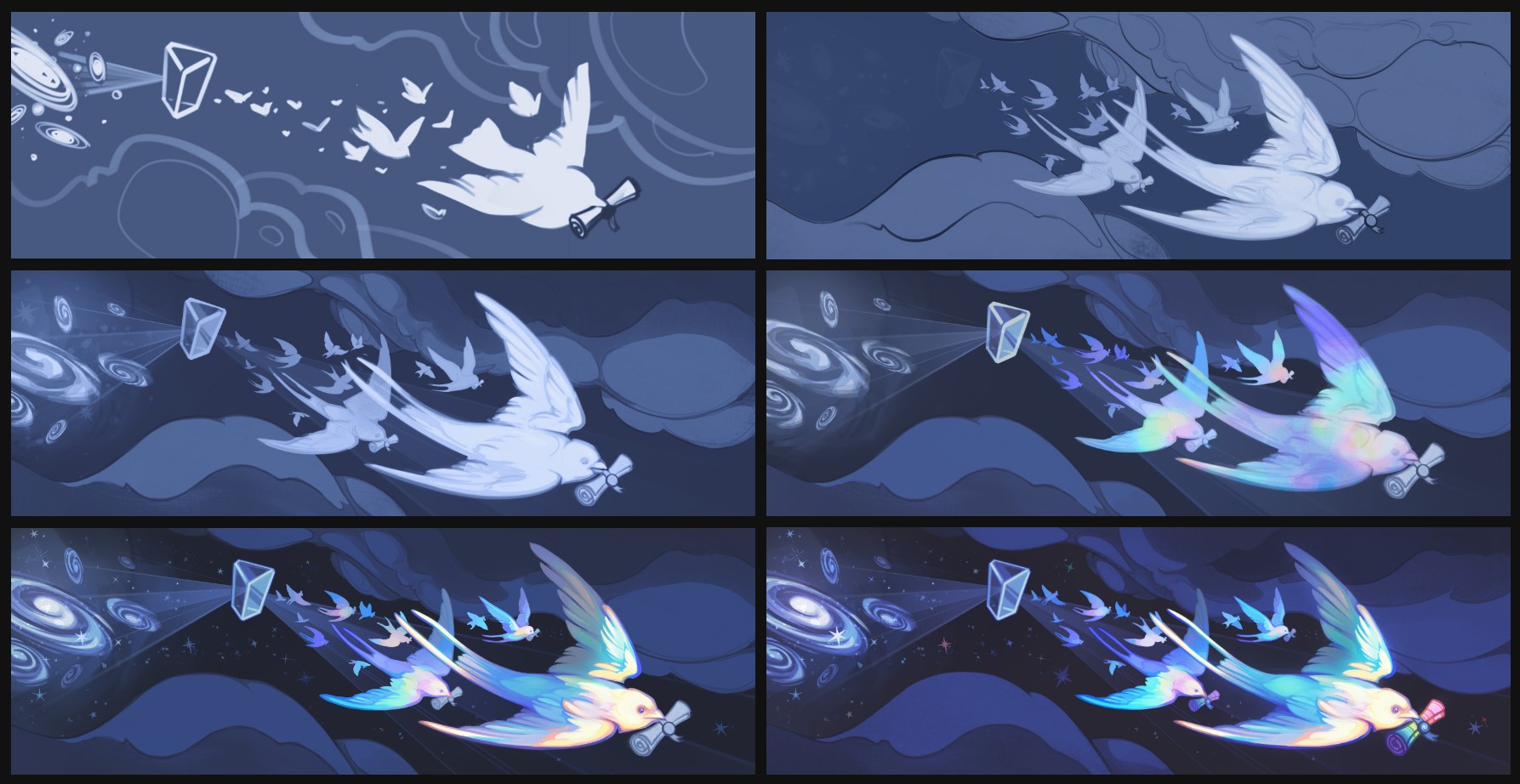 Screenshots of WIP stages of a stylized illustration from sketch to finish: light rays travel from a galaxy cluster toward a distant prism in space. Via the prism's refraction, the galactic light turns into iridescent, swallow-like birds, carrying scrolls of absorption spectra. Art by Olena Shmahalo for BBC Science Focus.