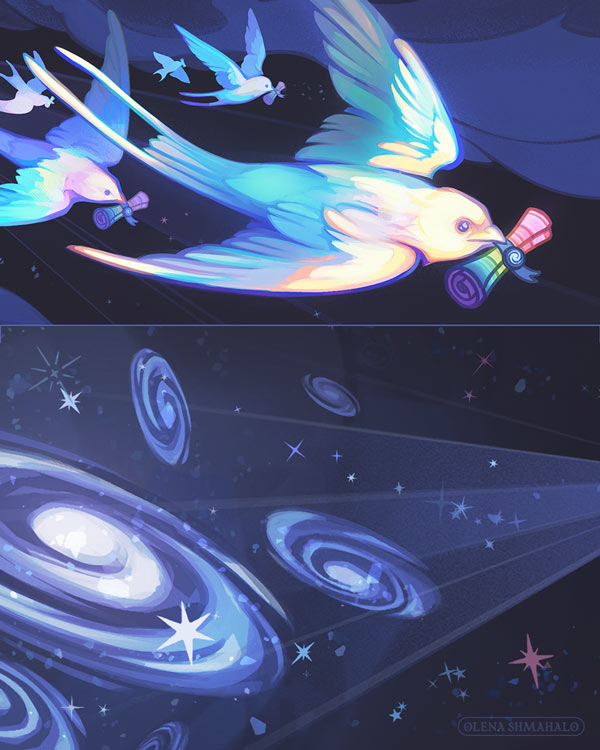 Stacked crops of a stylized illustration: light rays travel from a galactic cluster toward a distant prism in space. Via the prism's refraction, the light turns into iridescent, swallow-like birds, carrying scrolls of absorption spectra. Art by Olena Shmahalo for BBC Science Focus.