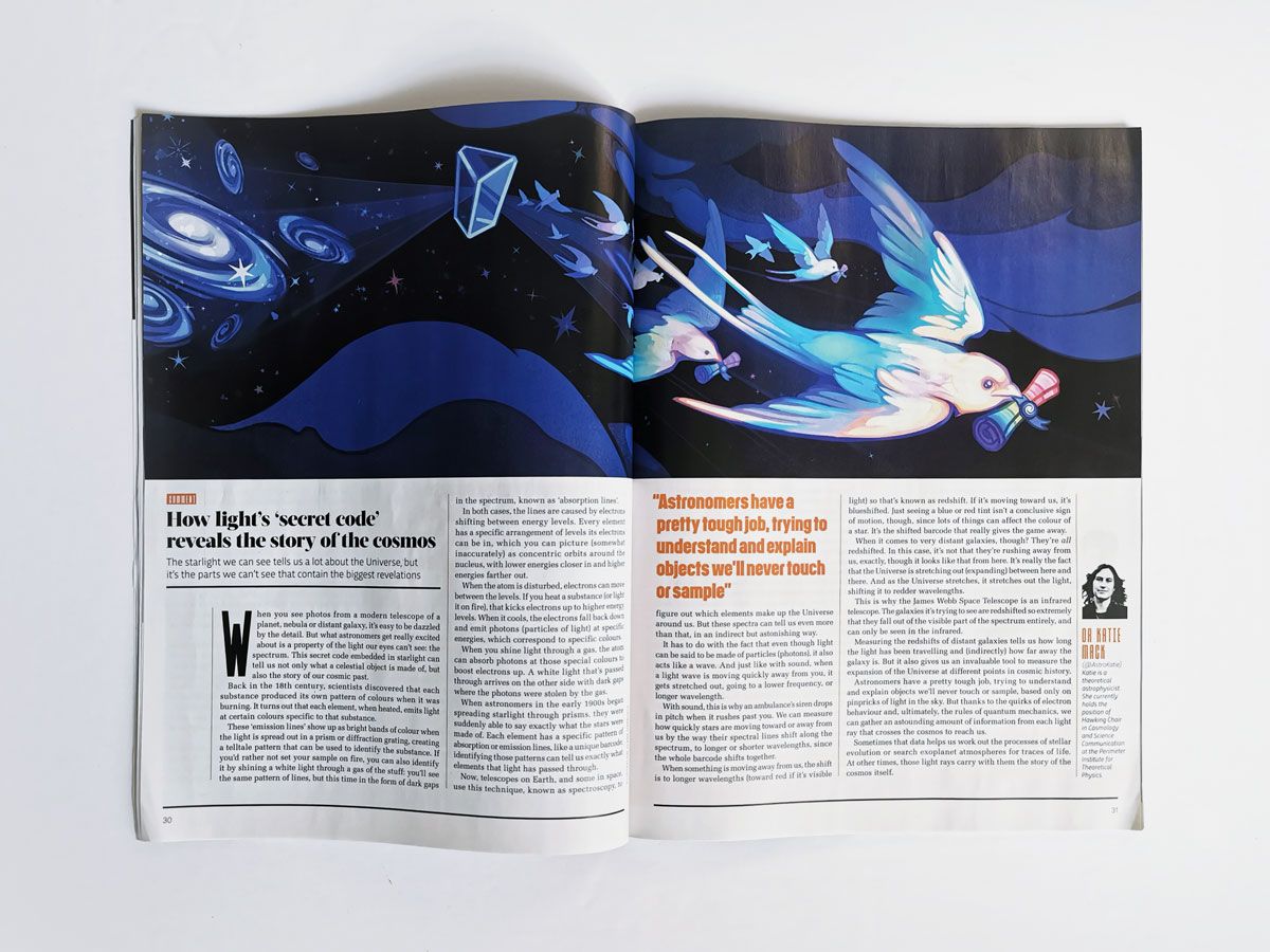 Photograph of a magazine spread. At the top is a stylized illustration: Via a prism's refraction, galactic light turns into iridescent, swallow-like birds, carrying scrolls of absorption spectra. Art by Olena Shmahalo for BBC Science Focus.