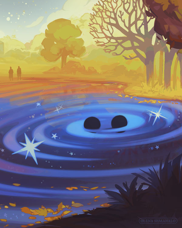 Crop of a stylized illustration of an autumnal scene at the famous Institute Pond at the Institute for Advanced Study. Silhouettes of people around the pond observe a strange event in the dark, star-filled water: two orbiting black holes create ripples, symbolizing gravitational waves. Art by Olena Shmahalo for The Institute Letter.