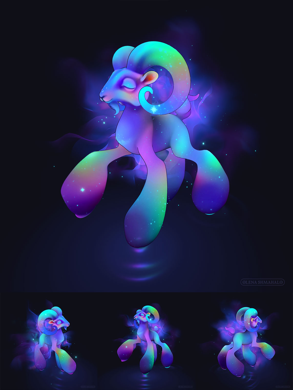 3D sculpture of a stylized, colorful ram surrounded by stars and nebulae. Large top image of the main 3/4 angle of the ram, and three smaller thumbnails below it showing other angles. Real-time 3D art by Olena Shmahalo.