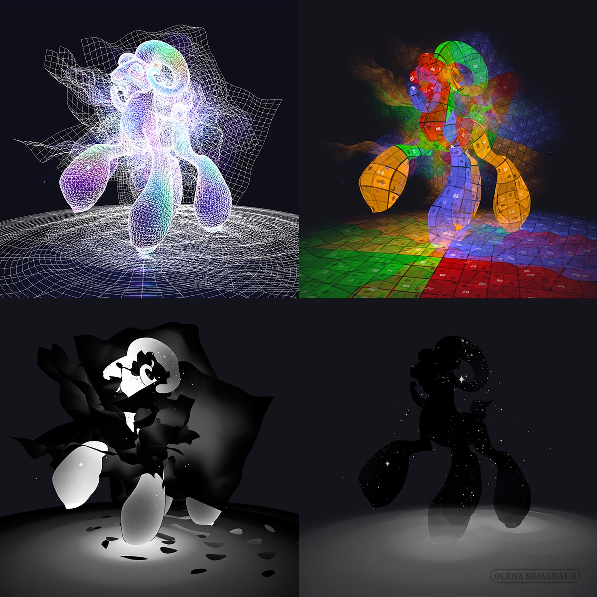 Quadrant of screenshots showing 4 views of a 3D sculpture of a ram surrounded by nebulae: 1. wireframe, 2. UVs, 3. Opacity maps, 4. Roughness maps. 3D art by Olena Shmahalo