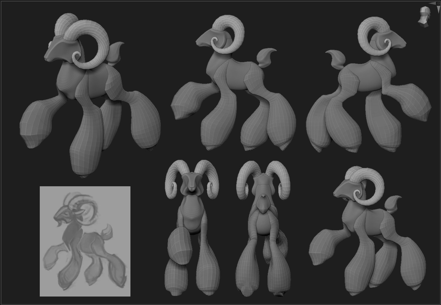 Clay renders: early WIP, different angles of a 3D sculpture of a stylized ram alongside an rough concept sketch. 3D model by Olena Shmahalo