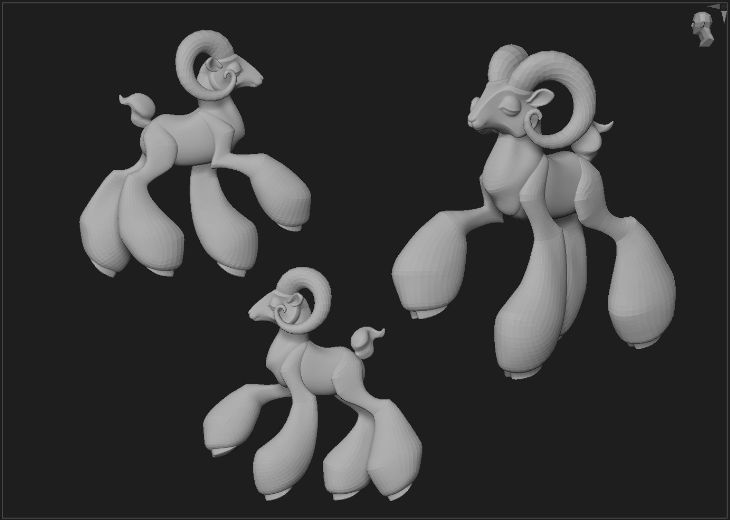 Clay renders: WIP, different angles of a 3D sculpture of a stylized ram. 3D model by Olena Shmahalo