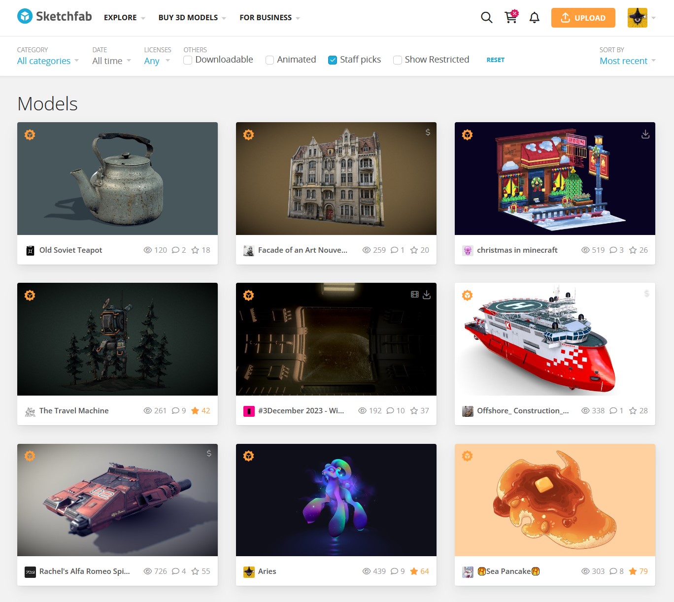 Screenshot of Staff Picks on Sketchfab.com, December 2023. The Celestial Ram artwork is in the bottom row, alongside 3D models of pancakes, robots, architecture, and a teapot.