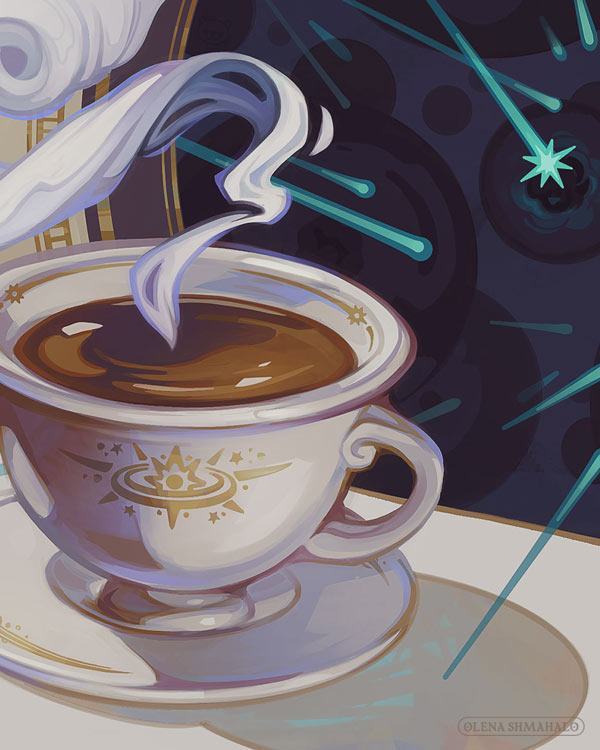 Crop of an illustration: A stylized scene showing neutrinos passing through a teacup. A graphical magnifier behind the cup shows events at the atomic level (exaggerated, not to scale). Neutrinos are often called 'ghost particles': despite their large quantities (trillions pass through us every second), they rarely interact with matter. To interact with an atom, a neutrino must actually hit its nucleus — a tiny cluster of protons and neutrons in a vast, empty space. The odds are incredibly low; artistic license was taken for this illustration to show more interactions than are likely to happen. Art by Olena Shmahalo for Symmetry Magazine.