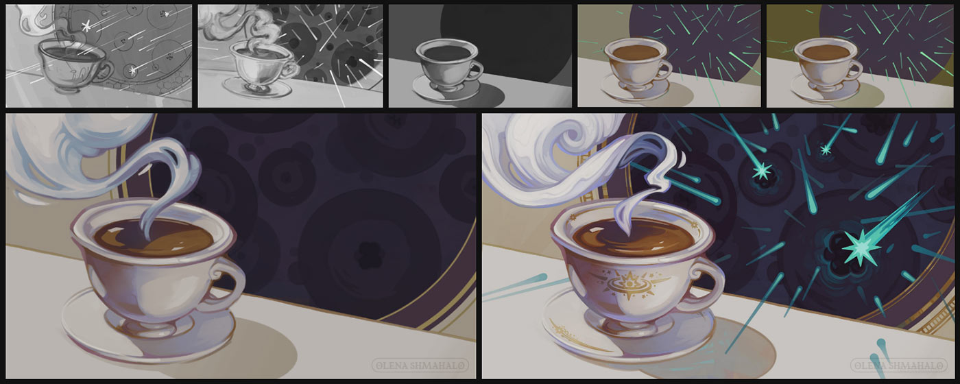 Thumbnails showing the process of an illustration, from concepts to finish. The artwork is a stylized scene of a teacup with neutrinos passing through. A graphical magnifier behind the cup shows events at the atomic level (exaggerated): despite their great quantities, few neutrinos ever interact with matter.