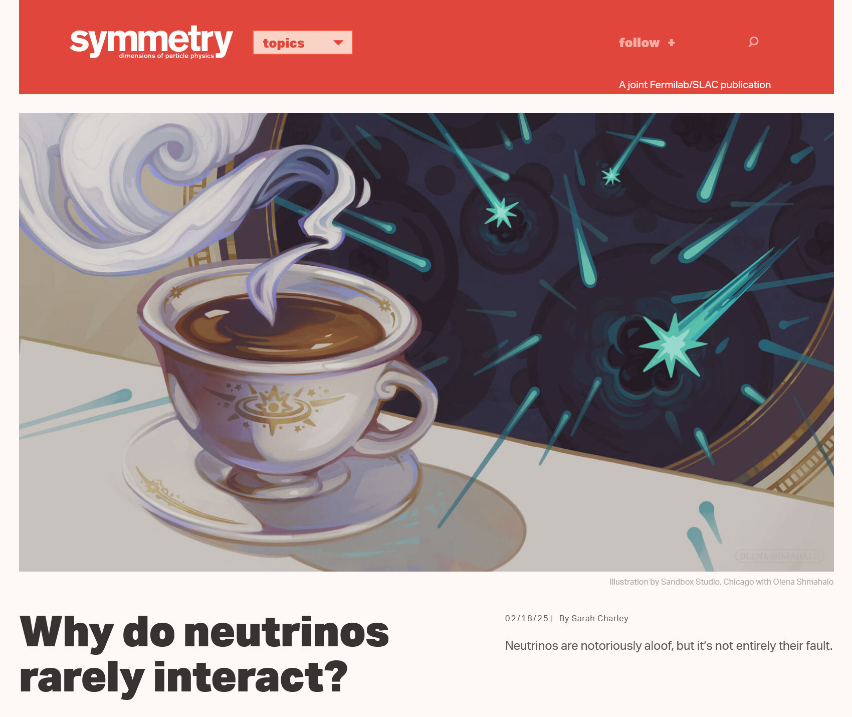 Screenshot of a stylized illustration of a teacup and zooming neutrinos on SymmetryMagazine.org